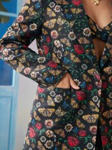 VERO DIAZ Frida Kahlo X SHEIN X Designer 商务休闲花卉和蝴蝶印花翻领西装外套，节日、感恩节、春季、节日、办公室 - 彩色 - 查看 5