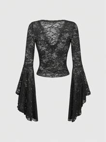 ROMWE Goth Cross Bead Decorated V-Neck Flare Sleeve Lace Tight Top