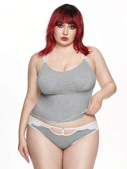 Kawaii Set de lencería con sujetador inalámbrico con combinación de punto acanalado y encaje, tallas grandes cómodas