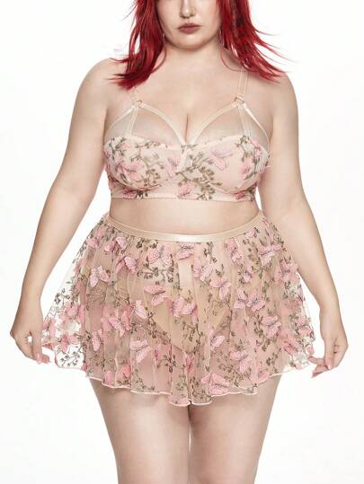 Kawaii Plus Size Sexy Butterfly Embroidery Wireless Lingerie 2pcs Set