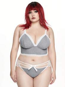 ROMWE Kawaii Plus Size Women Wireless Lace Bow Decor Lingerie Set - Grey - View 7