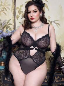 1 bộ đồ lót liền thân ren lưới tương phản cỡ lớn gợi cảm - màu đen - Xem 5