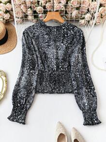 SHEIN Clasi Plus Size Front Button Closure Long Sleeve Allover Print Casual Shirt - Black and White - View 2