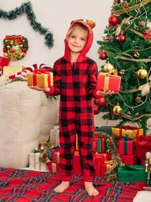 Pijamas de Natal para Menino Jovem, Conjunto de Pijamas Combinando para Festa de Família, Xadrez de Natal, Tecido Quente e Macio de Alta Qualidade, Reunião Familiar, Foto de Férias, Decorações de Natal, Outono e Inverno - Vermelho - Visão 4