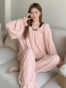 DAZY Women's Loose Pleated Contrast Color Ruffle Long Sleeve Blouse And Pants Pajama Set - Pink - View 1