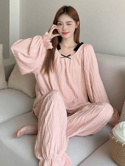 DAZY Women's Loose Pleated Contrast Color Ruffle Long Sleeve Blouse And Pants Pajama Set