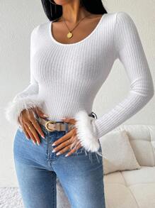 Calvaya 1pc Casual Round Neck Fuzzy Cuff Bodysuit, Spring Autumn