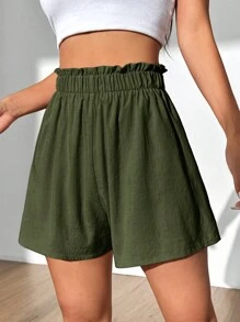 Flirla Women Loose Solid Color Ruffled Waist Casual Shorts