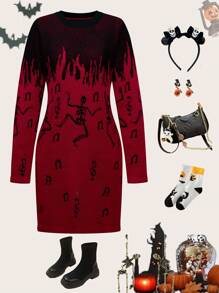 Teen Girl Autumn/Winter Fashion Red & Black Thick Casual Joyful Skeleton Pattern Knit Sweater Dress For Halloween, Suitable For Parties, Autumn Clothes - Multicolor - View 1