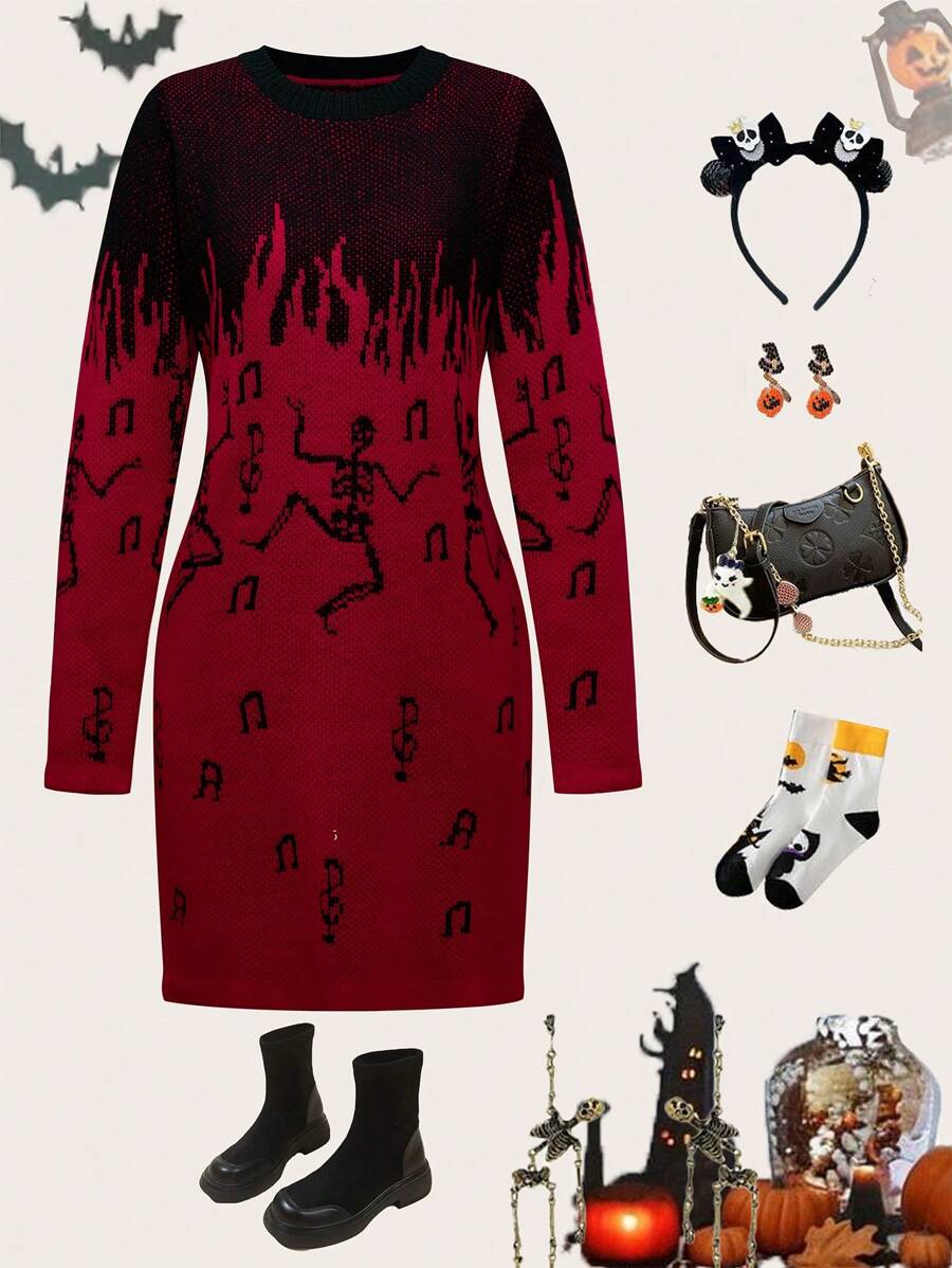 Teen Girl Autumn/Winter Fashion Red & Black Thick Casual Joyful Skeleton Pattern Knit Sweater Dress For Halloween, Suitable For Parties, Autumn Clothes - Multicolor - View 1