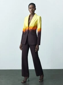 Maija Women's Ombre Yellow Brown Coffee Color Lapel Collar Long Sleeve Slim Fitted Blazer And Straight Leg Pants Casual Suit Set For Autumn Winter