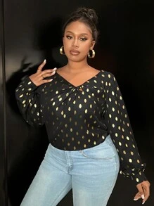 Slaydiva Plus Size Women's Black Casual Raglan Sleeve Short Sleeve Twist Metallic Shirt - Black - View 5