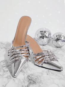 SHUZIA Tacones altos de punta fina con decoración de hebillas metálicas multicolor de moda y encantadores para uso diario de mujeres - Plateado - Ver 2