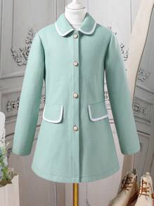 SHEIN Chaqueta casual minimalista con botones delanteros y mangas largas para niñas preadolescentes, efecto de bolsillo falso y bloqueo de color