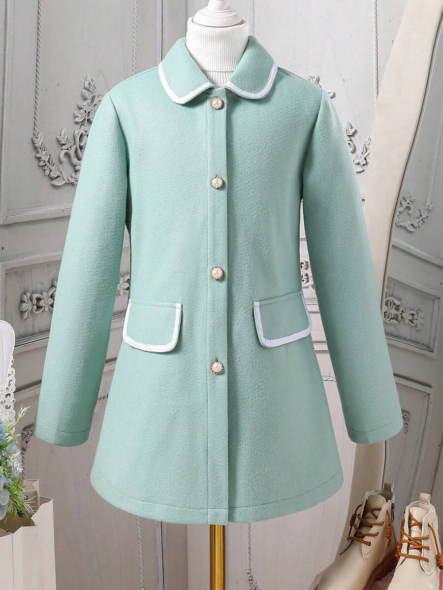SHEIN Chaqueta casual minimalista con botones delanteros y mangas largas para niñas preadolescentes, efecto de bolsillo falso y bloqueo de color