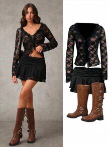 SHEIN BAE Black Lace Sweet Romantic Western Paneled Ballet Style Ruffled Mini Skirt - Black - View 7