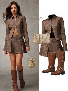 SHEIN BAE 女士春秋扎染孔眼系带长袖休闲西装外套 秋装 秋季女装 秋季夹克 秋季女士皮衣 女士夹克 冬季女装 暗黑学院风 冬装 女士大衣 冬季大衣 冬季服装 - 卡其色 - 查看 7