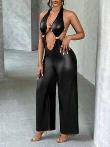 Slaydiva Sexy Black PU Deep V-Neck Open Back Gold Metal Button Fitted Jumpsuit - Black - View 6