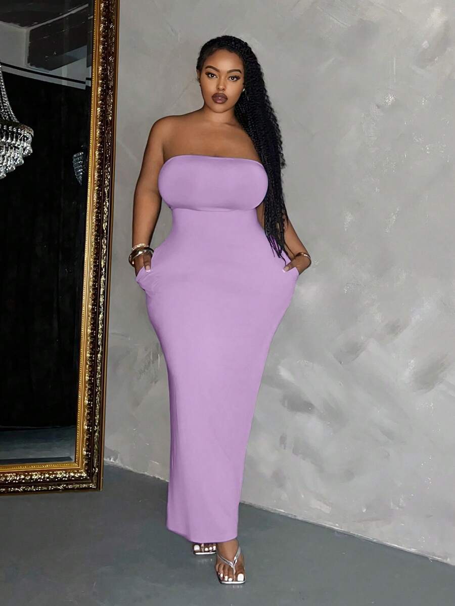 Slaydiva Đầm Maxi Ống Ôm Sát Màu Trơn Thanh Lịch Thường Ngày Cỡ Lớn Cho Nữ - Màu tím - Xem 1