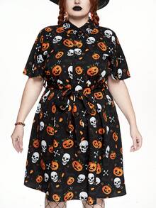 ROMWE Goth Robe trapèze à taille cintrée imprimé squelette et toile d'araignée, grande taille, pour femmes, pour Halloween - Noir - Voir 2
