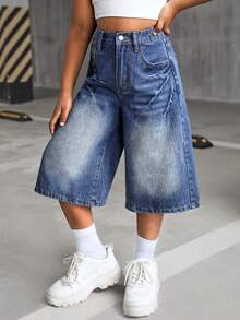 SHEIN Thời trang Y2K dành cho bé gái tuổi teen, phong cách vintage retro những năm 2000, quần jeans ống rộng dáng suông, chất liệu denim bạc màu, thích hợp cho mùa thu đông đi học. - Rửa trung bình - Xem 4