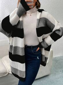 SHEIN LUNE 大码休闲拼色条纹连帽开衫，秋冬款 - 彩色 - 查看 5