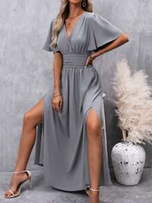 EMERY ROSE Summer Casual Solid Side Slit Dress Maxi Women Outfit - Grey - View 6