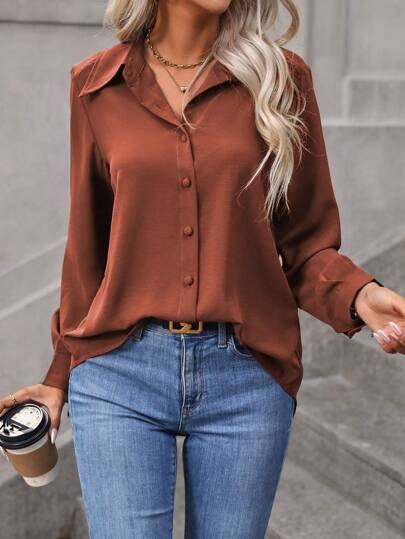 EMERY ROSE Solid Color Long Sleeve Casual Brown Shirt For Women, Spring/Summer/Autumn, Fall Blouse,Long Sleeve Tops