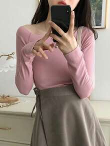 DAZY Women Solid Color Off-Shoulder Long Sleeve T-Shirt - Grey - View 3