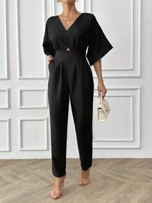 EURMUSE 100% Cotton Women's V-Neck Short Sleeve Fashionable, Graceful And Elegant Black Jumpsuit - Black - View 5