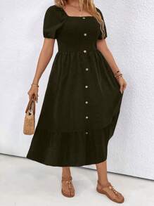 SHEIN LUNE Vestido casual de verano para mujer de talla grande con cuello, manga corta abultada, decoración de botones y volante en el bajo