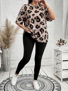 SHEIN LUNE 2 件秋季女装大码女式豹纹落肩 T 恤和紧身裤休闲套装女式两件套机场女装套装黑色两件套旅行装机场 - 彩色 - 查看 3