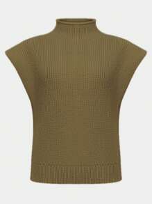 Blusa holgada de punto con cuello alto y mangas cortas, casual, para primavera y otoño - Caqui - Ver 2