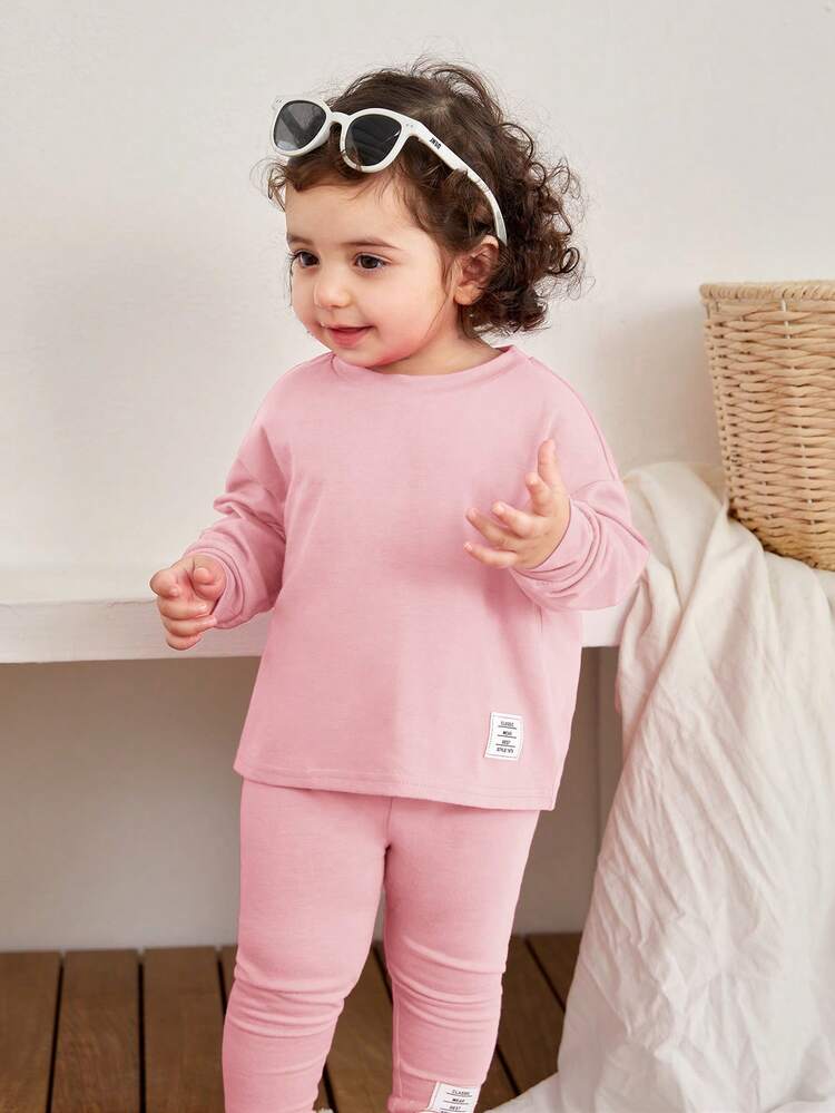 SHEIN Leap Crew 2 件套女婴休闲针织弹力字母印花宽松长袖上衣和抽绳腰裤套装，秋冬 - 粉色 - 查看 8