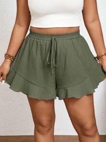Elaquor Shorts Plus Size de Cor Sólida com Bainha Franzida Francesa - Verde Militar - Visão 7