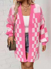 SHEIN LUNE Áo khoác cardigan hở vai họa tiết ô vuông cỡ lớn, mùa xuân và mùa thu, khối màu, cho mùa đông - Nhiều màu - Xem 4