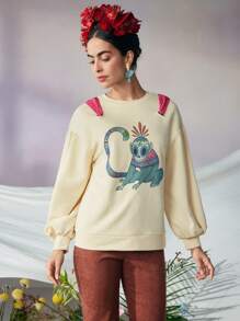 VALERIA GALIPOLI Frida Kahlo X SHEIN X Designer Print Totem Monkey Design Round Neck Backside Bow Tie Drop Shoulder Loose Sweatshirt, Holiday, Thanksgiving, Winter, Spring, Festival - Apricot - View 5