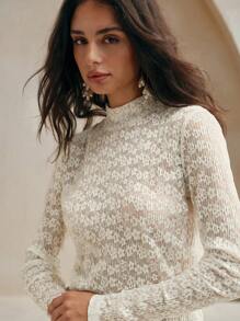 Anewsta 女士优雅通勤小黄花白色蕾丝褶皱上衣 - 米色 - 查看 9