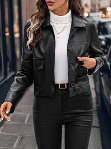 SHEIN Clasi Áo khoác lửng tay dài bằng da PU thời trang xuân thu cho nữ có túi tiện dụng - màu đen - Xem 3