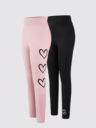 SHEIN 2pcs Teen Girl Minimalist Heart Print Leggings Set - Black And Pink, Comfortable,Summer,Travel