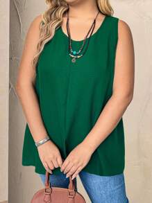 SHEIN LUNE 大码纯色圆领无袖简约开叉后背休闲背心 - 墨綠色 - 查看 4