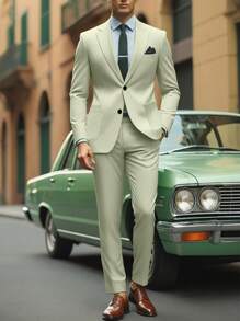 Manfinity Mode Áo khoác và quần dài tay cổ tròn màu trơn cho nam Trang phục công sở, mùa xuân, mùa thu - màu xanh lá - Xem 1
