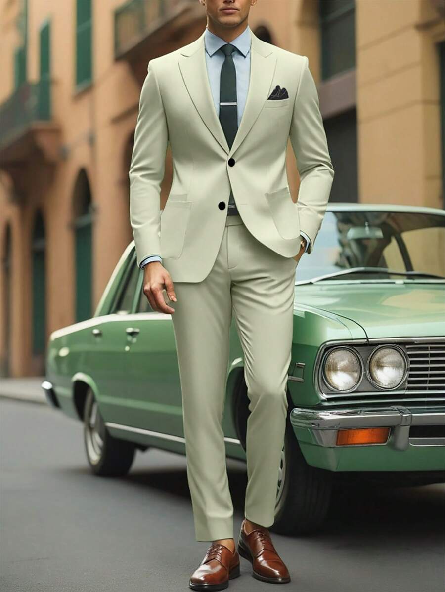 Manfinity Mode Áo khoác và quần dài tay cổ tròn màu trơn cho nam Trang phục công sở, mùa xuân, mùa thu - màu xanh lá - Xem 1