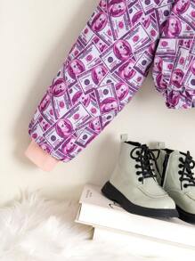 Tienermeisjes Casual Bont Capuchon Korte Allover Print Gewatteerde Jas
