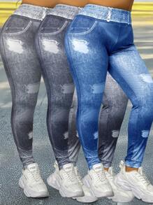 SHEIN LUNE Plus Size Dam Denim Effekt Tryckt Elastiska Skinny Leggings - Multifärgad - Visa 4