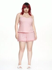 ROMWE Kawaii 大码针织罗纹蕾丝拼布吊带背心睡衣套装