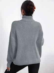 RueChic 麻花編織高領套頭毛衣 - 灰色 - 查看 2