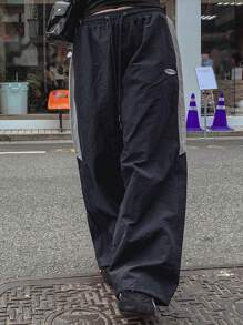 DAZY Damen Kontrast Farbblock Patchwork Buchstaben Stickerei Dekor Streetwear Lässig Hose, Weite Hose, Herbstkleidung - marineblau - Übersicht 8