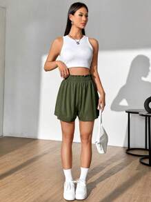 Flirla Women Loose Solid Color Ruffled Waist Casual Shorts