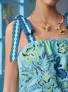 VALERIA GALIPOLI Frida Kahlo X SHEIN X Designer Floral Print Knot Shoulder Crop Cami Top, Holiday - Multicolor - View 4